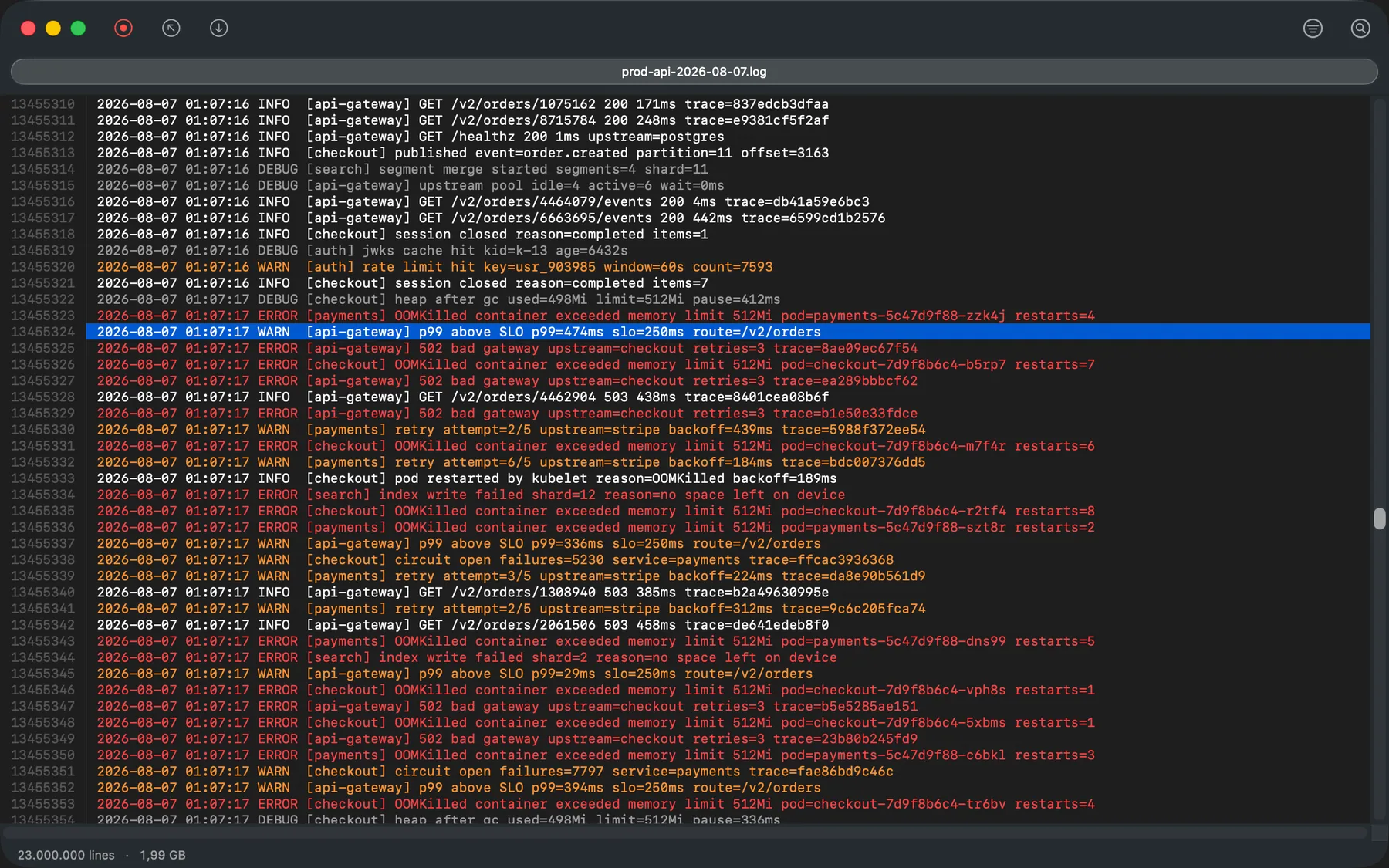 LogRider with a 1.99 GB log open, scrolled deep into an out-of-memory cascade, one line selected and the status bar showing the full line count and file size