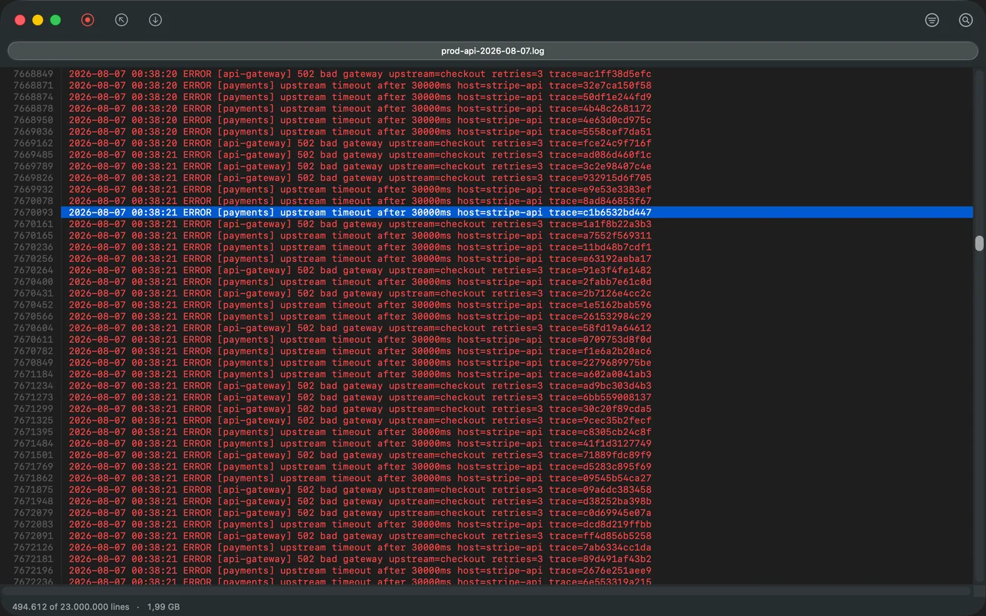 The level filter with only ERROR lit, collapsing 23 million lines to the error rows, with the surviving count in the status bar