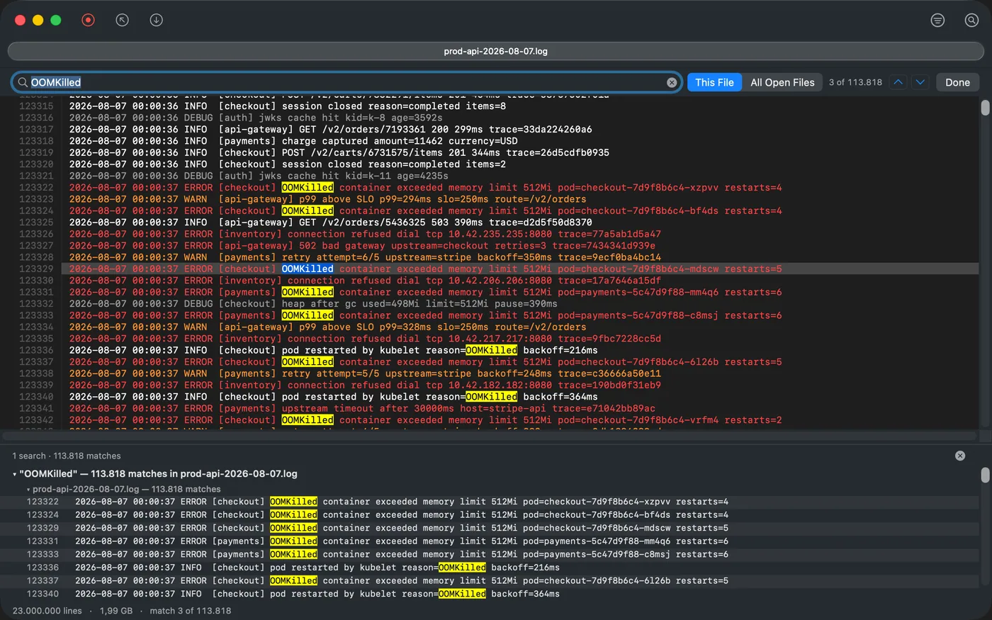 A search across the whole file with the find bar showing the match position and a results pane below listing every hit