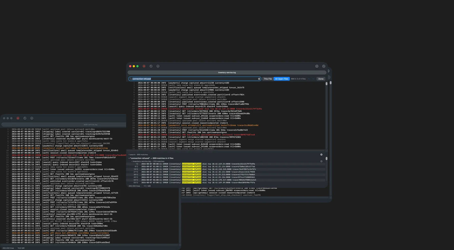 Several service logs open as native window tabs with one query run across all of them, results grouped by file