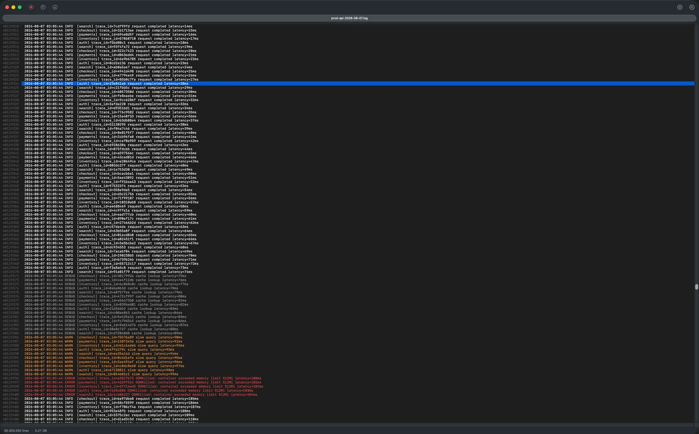 LogRider showing a 5.21 GB log of 60.6 million lines, scrolled to line 40,119,318, with ERROR lines reading OOMKilled: container exceeded memory limit picked out in red among INFO, DEBUG and WARN lines.